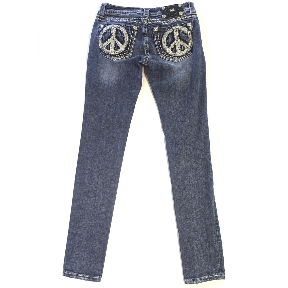 Miss Me Signature Rise Skinny Jeans Peace Sign Sequins JP5940SL Blue 27 (28x32)
